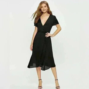 Escalier NWT Vintage inspired black sheer wrap dress with cap sleeves, size XL‎